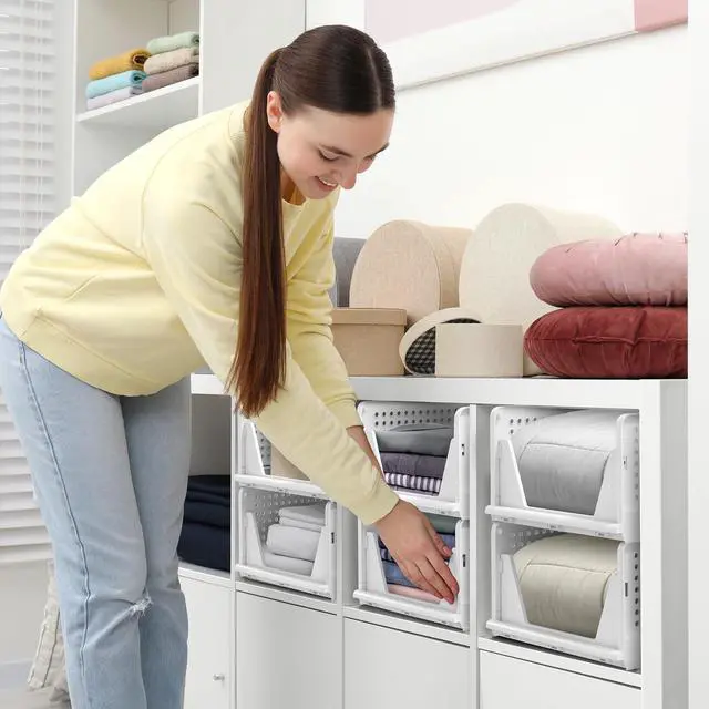 Alt view image 7 of 7 - 4 Pack Medium Shelf Organizer with Open Front Design Under Shelf for Closet Bathroom Kitchen Garage Plastic Stackable Storage Baskets