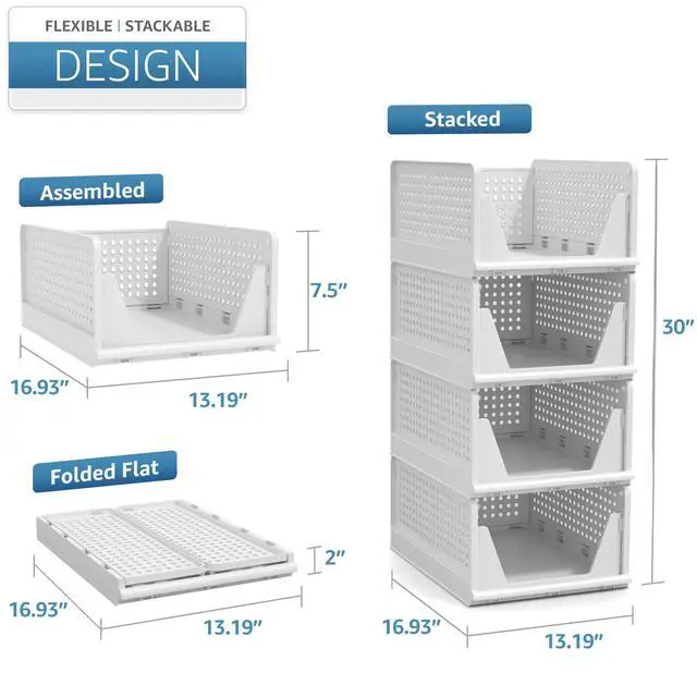 Alt view image 6 of 7 - 4 Pack Medium Shelf Organizer with Open Front Design Under Shelf for Closet Bathroom Kitchen Garage Plastic Stackable Storage Baskets