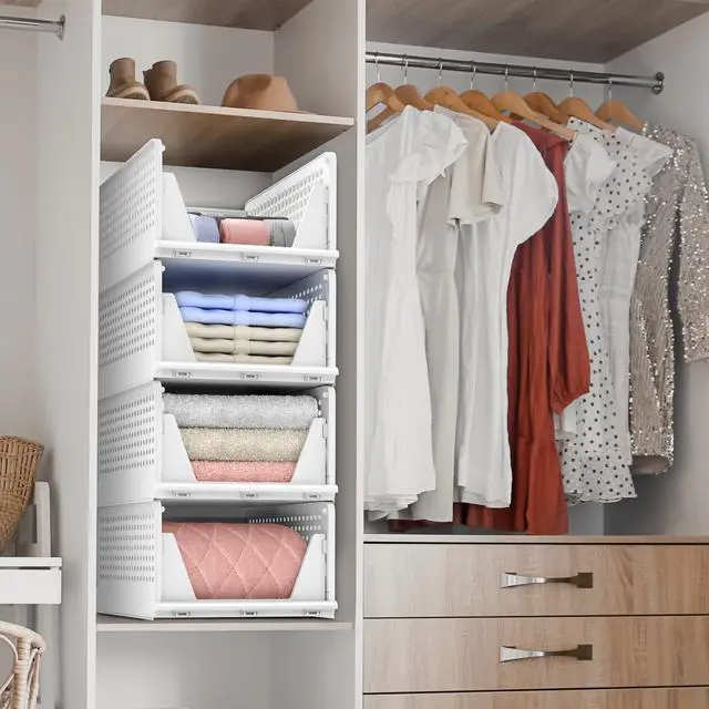 Alt view image 3 of 7 - 4 Pack Medium Shelf Organizer with Open Front Design Under Shelf for Closet Bathroom Kitchen Garage Plastic Stackable Storage Baskets