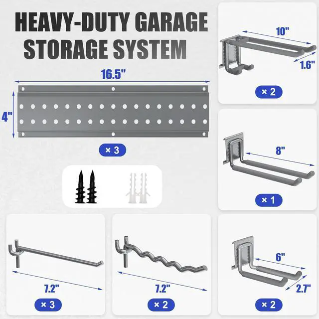 Alt view image 3 of 7 - Garage Tool Organizer Wall Mount 49.5 inches with 10 Adjustable Heavy-Duty Hooks, Garage Organization, Garden Tool Storage Rack, Yard, and Shed, Holds Up to 400 lbs (Grey)