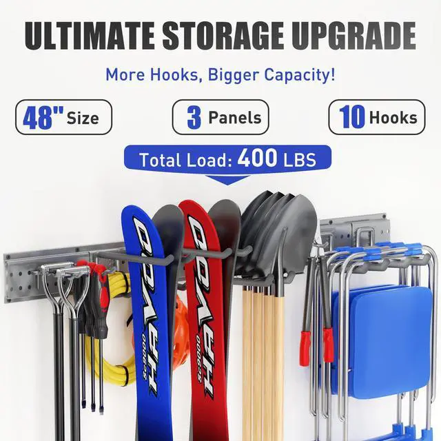 Alt view image 2 of 7 - Garage Tool Organizer Wall Mount 49.5 inches with 10 Adjustable Heavy-Duty Hooks, Garage Organization, Garden Tool Storage Rack, Yard, and Shed, Holds Up to 400 lbs (Grey)