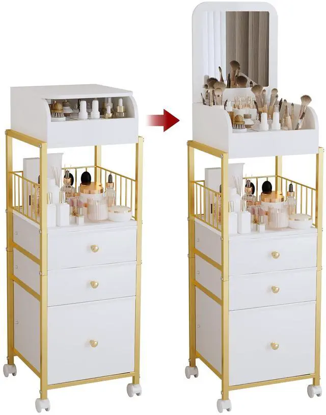Main image of Makeup Cart Organizer with Mirror, Floor Makeup Organizer Large- Make Up Organizers Vanity Cart Cosmetic Display Cases Holder for Skin Care Perfume Nail Polish Brush Hair Tool (Gold)