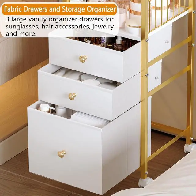 Alt view image 3 of 7 - Makeup Cart Organizer with Mirror, Floor Makeup Organizer Large- Make Up Organizers Vanity Cart Cosmetic Display Cases Holder for Skin Care Perfume Nail Polish Brush Hair Tool (Gold)