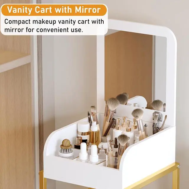 Alt view image 4 of 7 - Makeup Cart Organizer with Mirror, Floor Makeup Organizer Large- Make Up Organizers Vanity Cart Cosmetic Display Cases Holder for Skin Care Perfume Nail Polish Brush Hair Tool (Gold)