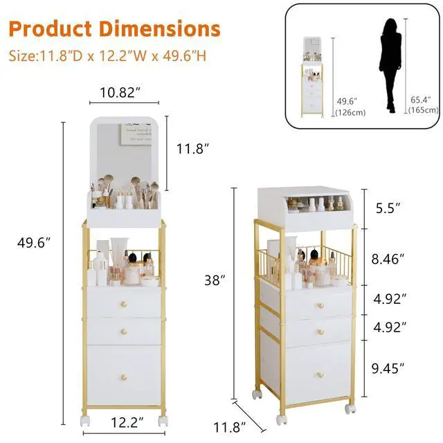 Alt view image 2 of 7 - Makeup Cart Organizer with Mirror, Floor Makeup Organizer Large- Make Up Organizers Vanity Cart Cosmetic Display Cases Holder for Skin Care Perfume Nail Polish Brush Hair Tool (Gold)