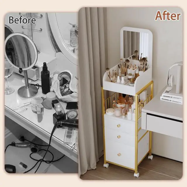 Alt view image 6 of 7 - Makeup Cart Organizer with Mirror, Floor Makeup Organizer Large- Make Up Organizers Vanity Cart Cosmetic Display Cases Holder for Skin Care Perfume Nail Polish Brush Hair Tool (Gold)