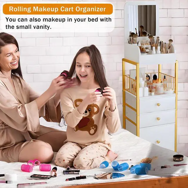 Alt view image 5 of 7 - Makeup Cart Organizer with Mirror, Floor Makeup Organizer Large- Make Up Organizers Vanity Cart Cosmetic Display Cases Holder for Skin Care Perfume Nail Polish Brush Hair Tool (Gold)