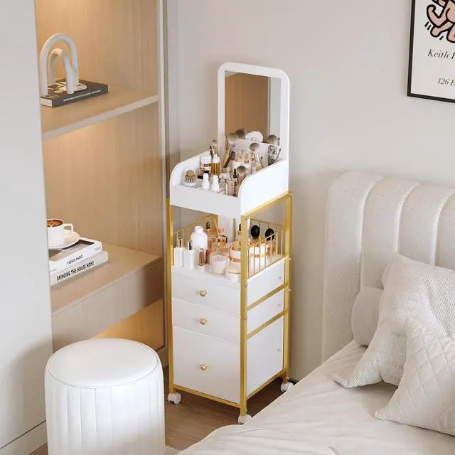 Alt view image 7 of 7 - Makeup Cart Organizer with Mirror, Floor Makeup Organizer Large- Make Up Organizers Vanity Cart Cosmetic Display Cases Holder for Skin Care Perfume Nail Polish Brush Hair Tool (Gold)