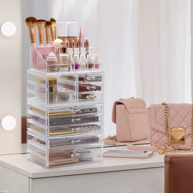 Alt view image 4 of 7 - Large Clear Makeup Organizer - Detachable 4-Piece Jewelry & Make Up Organizers and Storage Set - Spacious Cosmetic Display Tower - Makeup Organizer for Vanity, Bathroom, Dresser & Countertop