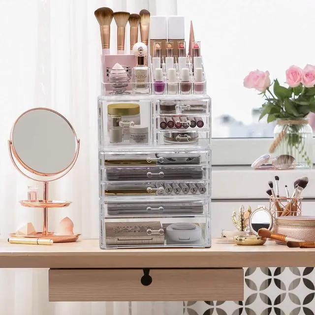 Alt view image 6 of 7 - Large Clear Makeup Organizer - Detachable 4-Piece Jewelry & Make Up Organizers and Storage Set - Spacious Cosmetic Display Tower - Makeup Organizer for Vanity, Bathroom, Dresser & Countertop