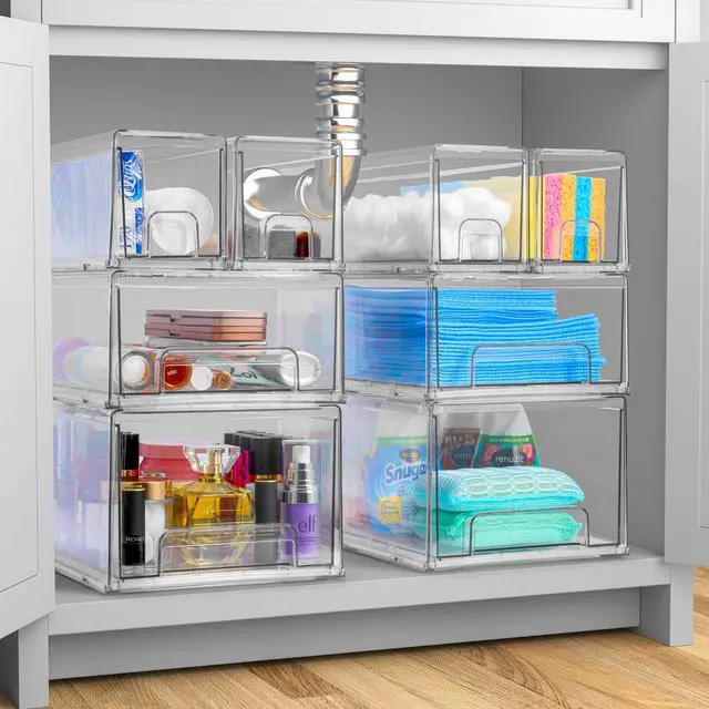 Alt view image 2 of 7 - 1 Large & 2 Small Clear Stackable Storage Drawers Plastic Organizer Bins with Handles Stackable Pull-Out Storage Drawers for Closet, Pantry, Office, Bathroom, Craft, and Toy Organization