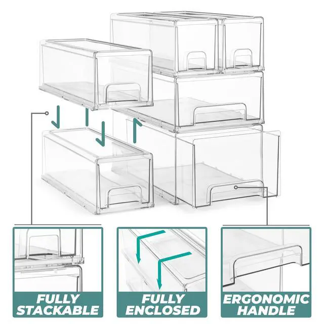 Alt view image 4 of 7 - 1 Large & 2 Small Clear Stackable Storage Drawers Plastic Organizer Bins with Handles Stackable Pull-Out Storage Drawers for Closet, Pantry, Office, Bathroom, Craft, and Toy Organization