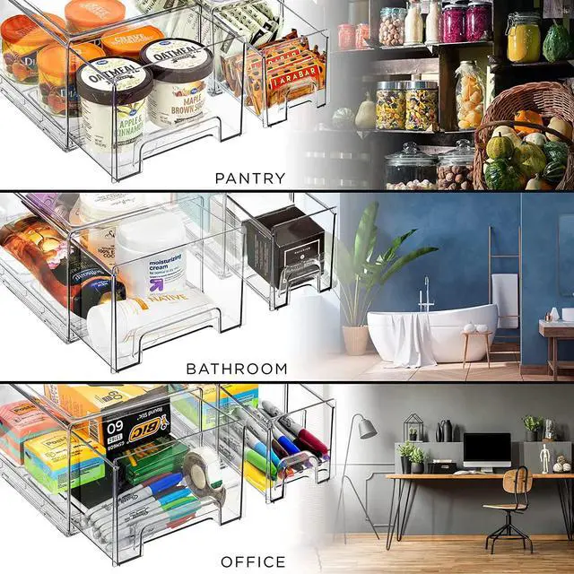 Alt view image 7 of 7 - 1 Large & 2 Small Clear Stackable Storage Drawers Plastic Organizer Bins with Handles Stackable Pull-Out Storage Drawers for Closet, Pantry, Office, Bathroom, Craft, and Toy Organization