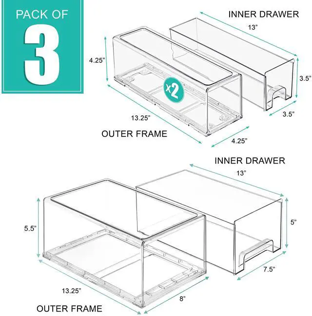Alt view image 3 of 7 - 1 Large & 2 Small Clear Stackable Storage Drawers Plastic Organizer Bins with Handles Stackable Pull-Out Storage Drawers for Closet, Pantry, Office, Bathroom, Craft, and Toy Organization
