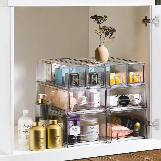 Alt view image 6 of 7 - 1 Large & 2 Small Clear Stackable Storage Drawers Plastic Organizer Bins with Handles Stackable Pull-Out Storage Drawers for Closet, Pantry, Office, Bathroom, Craft, and Toy Organization