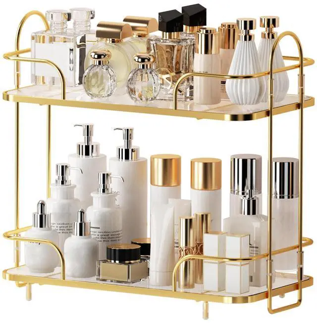 Main image of 2 Tier Corner Bathroom Counter Organizer, Cosmetic Skincare Organizer, Bathroom Countertop Perfume Tray Vanity Organizer, Kitchen Spice Corner Storage Shelf