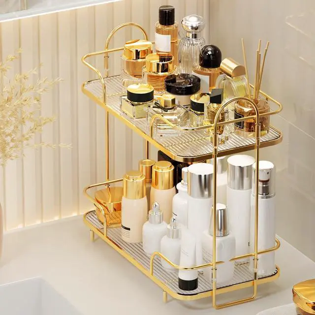 Alt view image 2 of 7 - 2 Tier Corner Bathroom Counter Organizer, Cosmetic Skincare Organizer, Bathroom Countertop Perfume Tray Vanity Organizer, Kitchen Spice Corner Storage Shelf