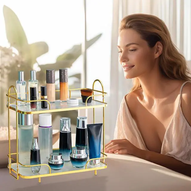 Alt view image 7 of 7 - 2 Tier Corner Bathroom Counter Organizer, Cosmetic Skincare Organizer, Bathroom Countertop Perfume Tray Vanity Organizer, Kitchen Spice Corner Storage Shelf