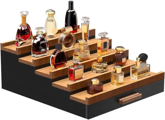 Main image of Wooden Cologne Organizer for Men 5 Tier of Perfume Display Holder of Drawer & 2 Hidden Compartments Larger Storage Space Mens Perfume Organizer Shelf Stand,Gift for Man (5T-Black Walnut)