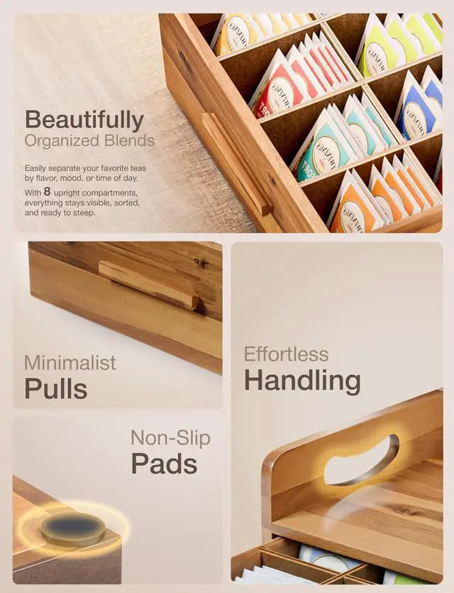Alt view image 3 of 7 - Acacia Wooden Tea Box Organizer with Drawer Tea Chest for Tea Bags Storage Tea and Coffee Organizer - Wooden Tea Tray and Containers for Countertop Display (Acacia)