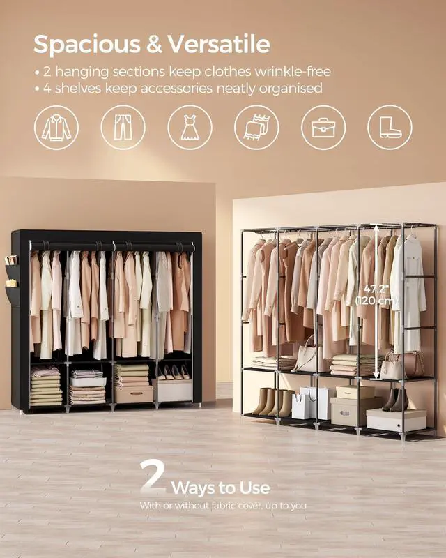 Alt view image 3 of 7 - Portable Closet, Wardrobe Closet Organizer with Cover, 4 Hanging Rods and Shelves, 4 Side Pockets, 17.7 x 66.9 x 65.7 Inches, Large Capacity for Bedroom, Living Room, Ink Black URYG094B02