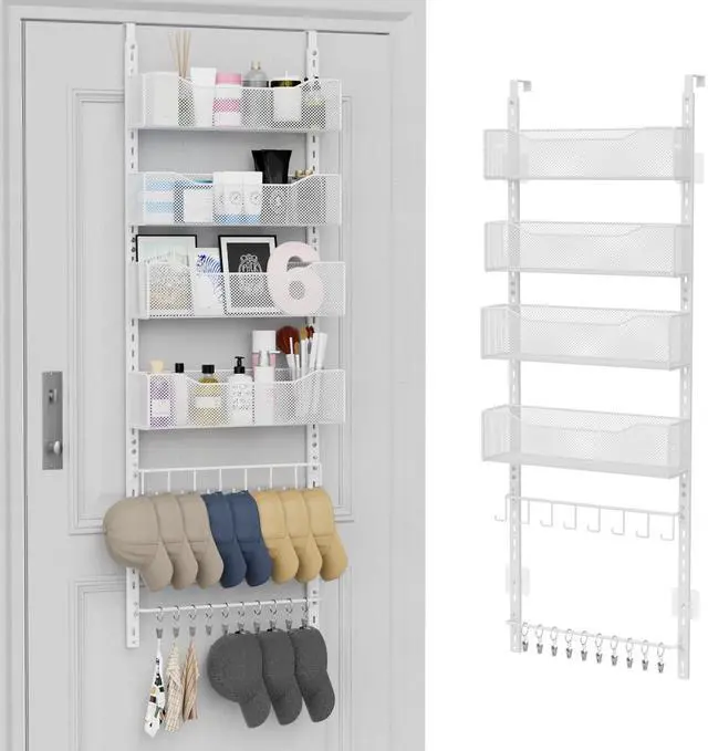 Main image of Over the Door Organizer, 2 in 1 Metal Hanging Closet Organizer & Hat Rack with 4 Adjustable Baskets, 8 Hooks, 10 Clips, Behind The Door Storage for Bedroom, Bathroom, Entrance, Closet, Kitchen, White