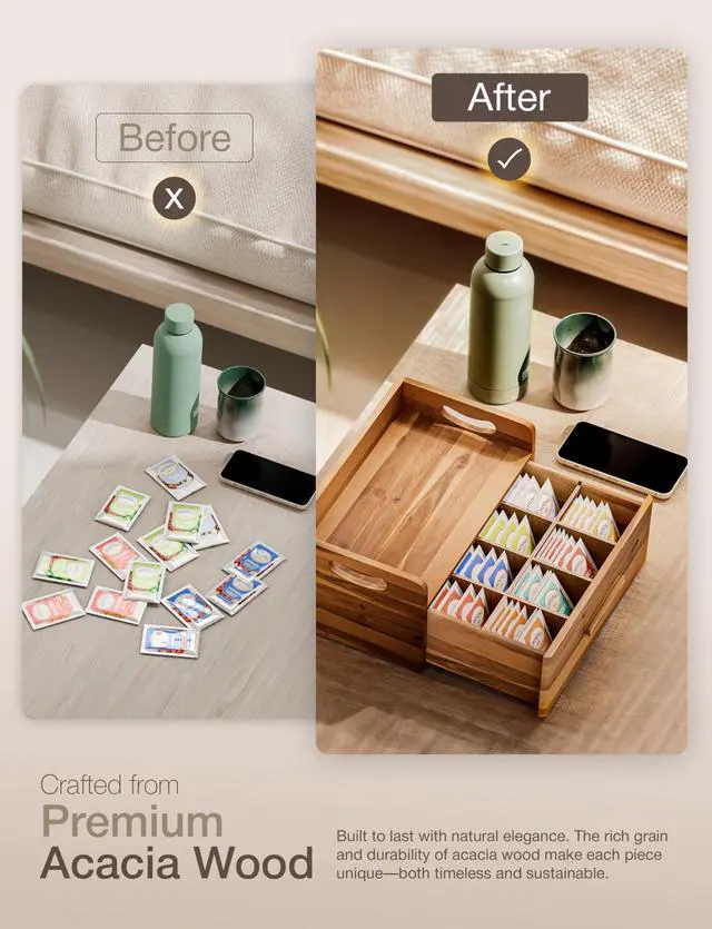 Alt view image 4 of 7 - Acacia Wooden Tea Box Organizer with Drawer Tea Chest for Tea Bags Storage Tea and Coffee Organizer - Wooden Tea Tray and Containers for Countertop Display (Acacia)
