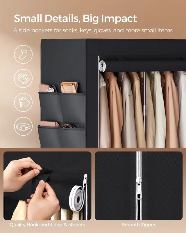 Alt view image 5 of 7 - Portable Closet, Wardrobe Closet Organizer with Cover, 4 Hanging Rods and Shelves, 4 Side Pockets, 17.7 x 66.9 x 65.7 Inches, Large Capacity for Bedroom, Living Room, Ink Black URYG094B02