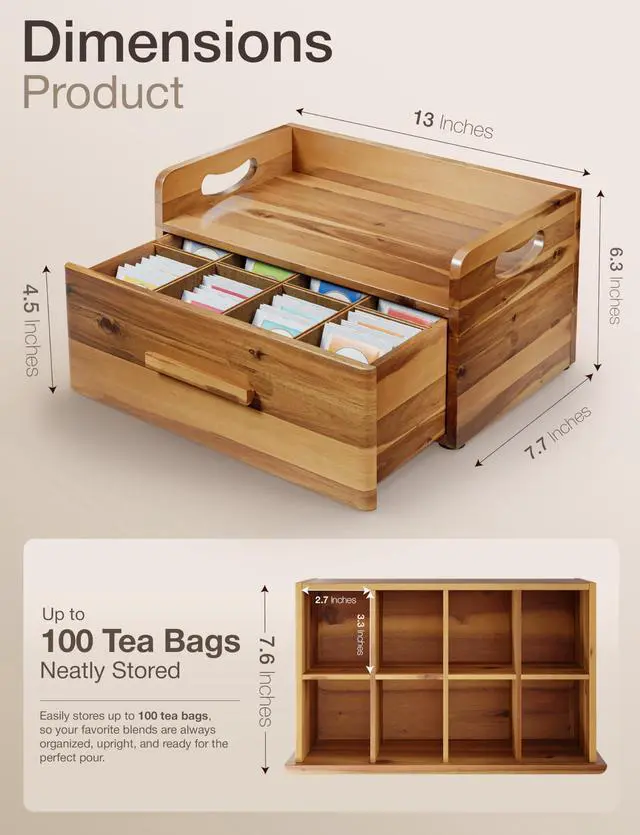 Alt view image 2 of 7 - Acacia Wooden Tea Box Organizer with Drawer Tea Chest for Tea Bags Storage Tea and Coffee Organizer - Wooden Tea Tray and Containers for Countertop Display (Acacia)
