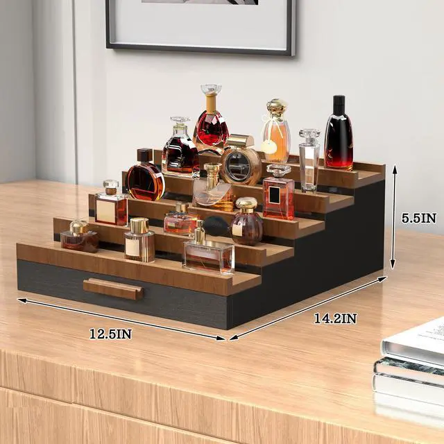 Alt view image 4 of 7 - Wooden Cologne Organizer for Men 5 Tier of Perfume Display Holder of Drawer & 2 Hidden Compartments Larger Storage Space Mens Perfume Organizer Shelf Stand,Gift for Man (5T-Black Walnut)