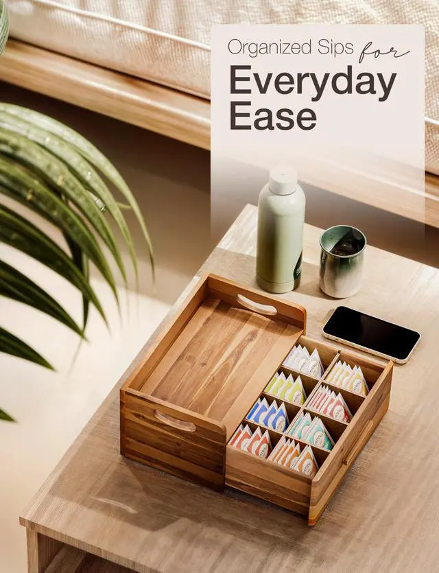 Alt view image 5 of 7 - Acacia Wooden Tea Box Organizer with Drawer Tea Chest for Tea Bags Storage Tea and Coffee Organizer - Wooden Tea Tray and Containers for Countertop Display (Acacia)