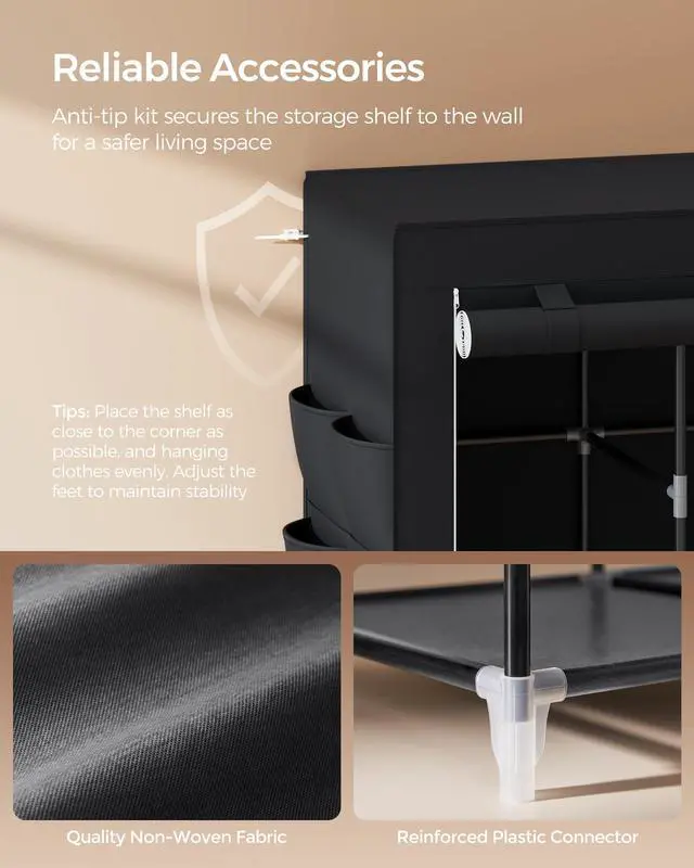 Alt view image 6 of 7 - Portable Closet, Wardrobe Closet Organizer with Cover, 4 Hanging Rods and Shelves, 4 Side Pockets, 17.7 x 66.9 x 65.7 Inches, Large Capacity for Bedroom, Living Room, Ink Black URYG094B02