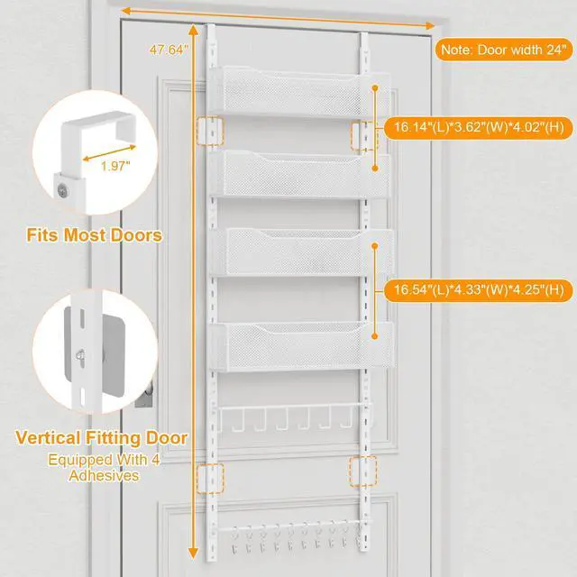 Alt view image 3 of 7 - Over the Door Organizer, 2 in 1 Metal Hanging Closet Organizer & Hat Rack with 4 Adjustable Baskets, 8 Hooks, 10 Clips, Behind The Door Storage for Bedroom, Bathroom, Entrance, Closet, Kitchen, White