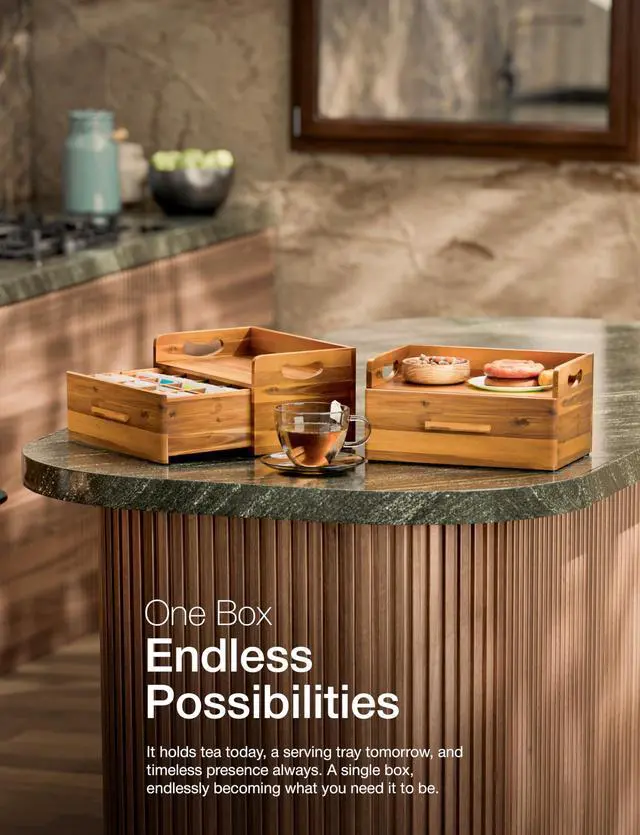 Alt view image 7 of 7 - Acacia Wooden Tea Box Organizer with Drawer Tea Chest for Tea Bags Storage Tea and Coffee Organizer - Wooden Tea Tray and Containers for Countertop Display (Acacia)