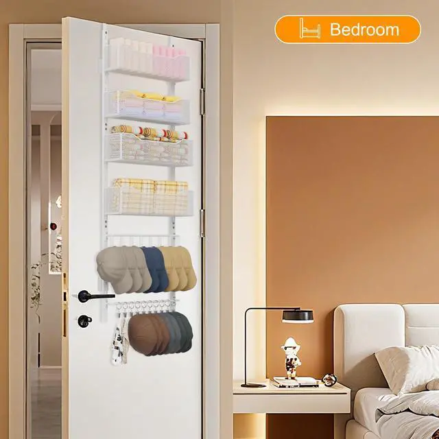 Alt view image 2 of 7 - Over the Door Organizer, 2 in 1 Metal Hanging Closet Organizer & Hat Rack with 4 Adjustable Baskets, 8 Hooks, 10 Clips, Behind The Door Storage for Bedroom, Bathroom, Entrance, Closet, Kitchen, White