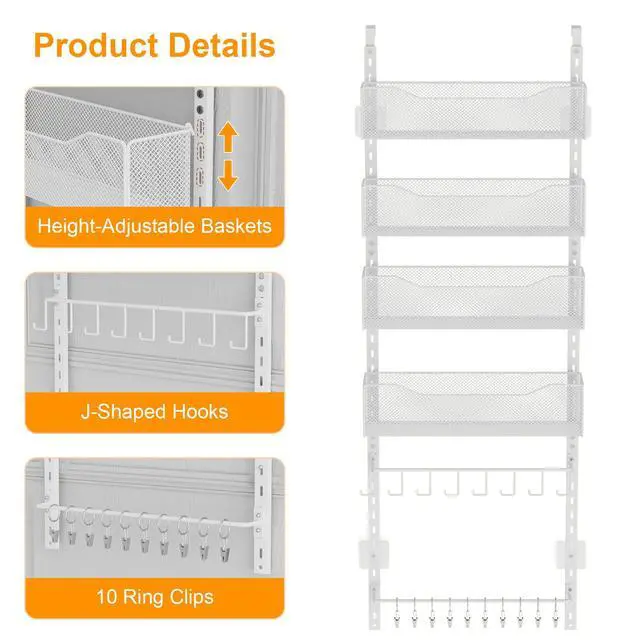 Alt view image 4 of 7 - Over the Door Organizer, 2 in 1 Metal Hanging Closet Organizer & Hat Rack with 4 Adjustable Baskets, 8 Hooks, 10 Clips, Behind The Door Storage for Bedroom, Bathroom, Entrance, Closet, Kitchen, White
