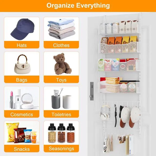 Alt view image 5 of 7 - Over the Door Organizer, 2 in 1 Metal Hanging Closet Organizer & Hat Rack with 4 Adjustable Baskets, 8 Hooks, 10 Clips, Behind The Door Storage for Bedroom, Bathroom, Entrance, Closet, Kitchen, White