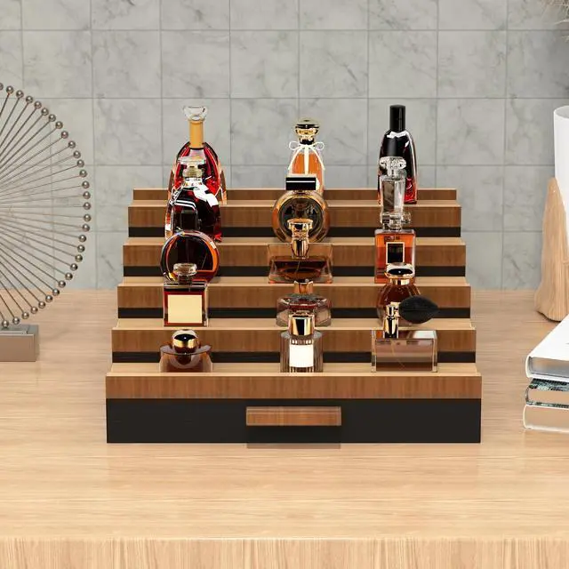 Alt view image 6 of 7 - Wooden Cologne Organizer for Men 5 Tier of Perfume Display Holder of Drawer & 2 Hidden Compartments Larger Storage Space Mens Perfume Organizer Shelf Stand,Gift for Man (5T-Black Walnut)