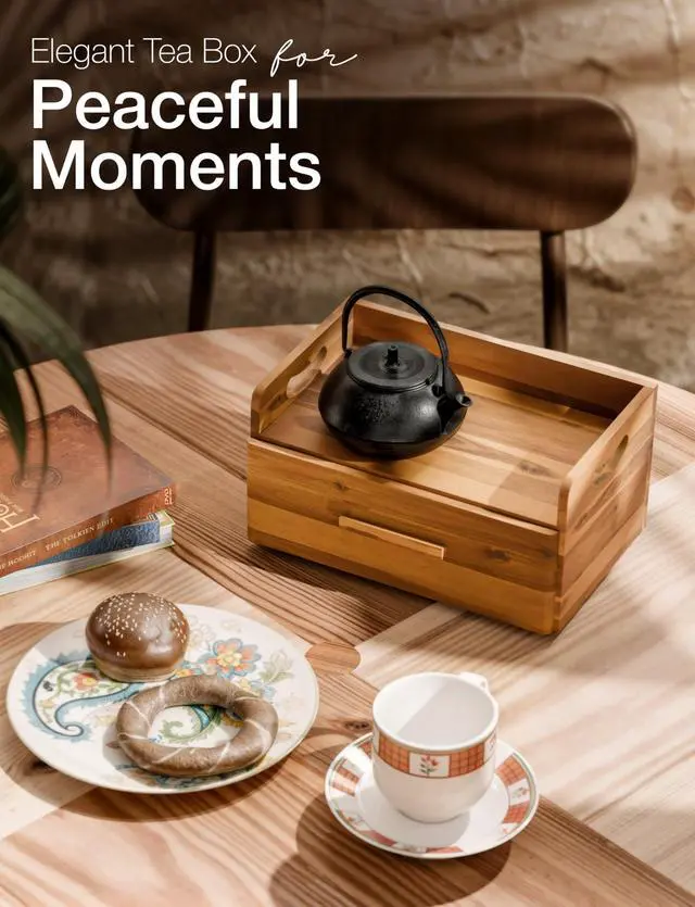 Alt view image 6 of 7 - Acacia Wooden Tea Box Organizer with Drawer Tea Chest for Tea Bags Storage Tea and Coffee Organizer - Wooden Tea Tray and Containers for Countertop Display (Acacia)