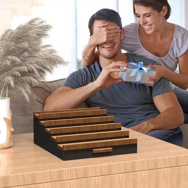 Alt view image 7 of 7 - Wooden Cologne Organizer for Men 5 Tier of Perfume Display Holder of Drawer & 2 Hidden Compartments Larger Storage Space Mens Perfume Organizer Shelf Stand,Gift for Man (5T-Black Walnut)