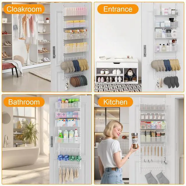 Alt view image 7 of 7 - Over the Door Organizer, 2 in 1 Metal Hanging Closet Organizer & Hat Rack with 4 Adjustable Baskets, 8 Hooks, 10 Clips, Behind The Door Storage for Bedroom, Bathroom, Entrance, Closet, Kitchen, White