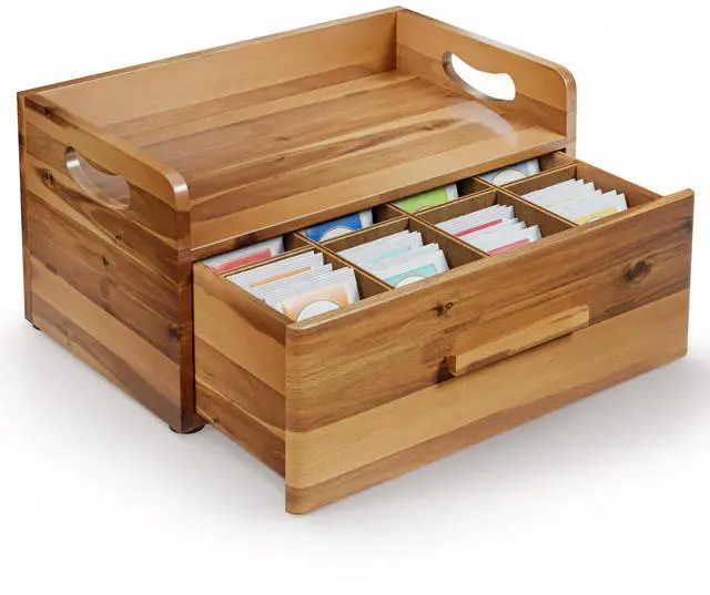Main image of Acacia Wooden Tea Box Organizer with Drawer Tea Chest for Tea Bags Storage Tea and Coffee Organizer - Wooden Tea Tray and Containers for Countertop Display (Acacia)