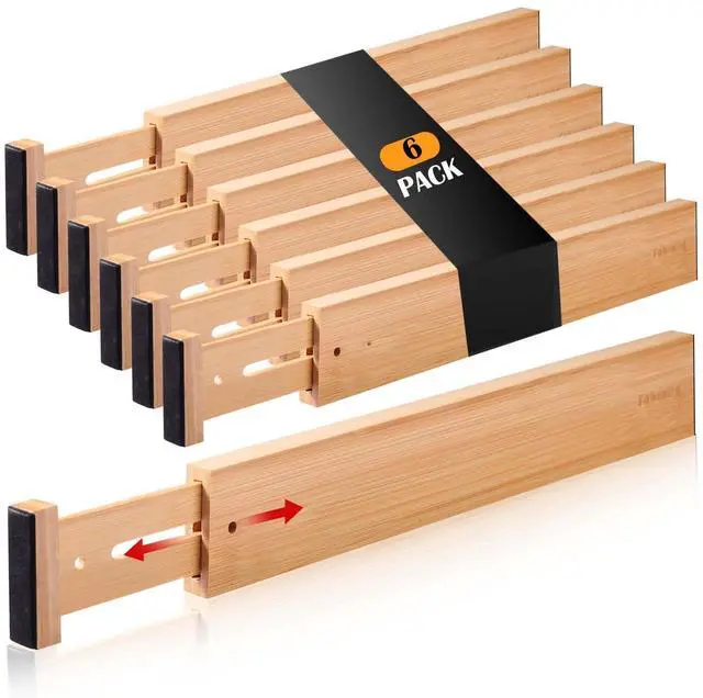 Main image of Drawer Divider 6 Pack, Bamboo Kitchen Dividers Organizers Adjustable 17''-22'', Wooden Dresser Separators for Nursery Organization Clothes Socks Underwear Baby Clothing, with Soft Foam Ends