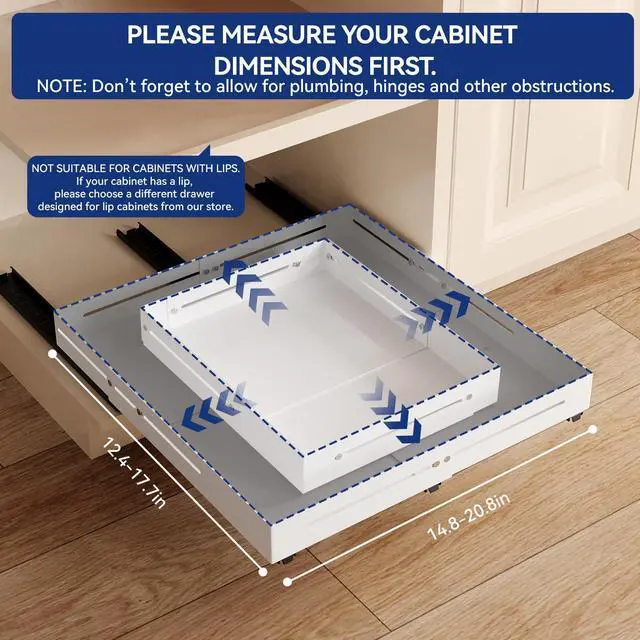 Alt view image 2 of 7 - Pull out Cabinet Organizer, Full Metal Expandable Width (14.8"-20.8") & Depth (12.4"-17.7") Adjustable Slide out Drawers, No Drill Adhesive Roll out Shelves for Kitchen Pantry, White