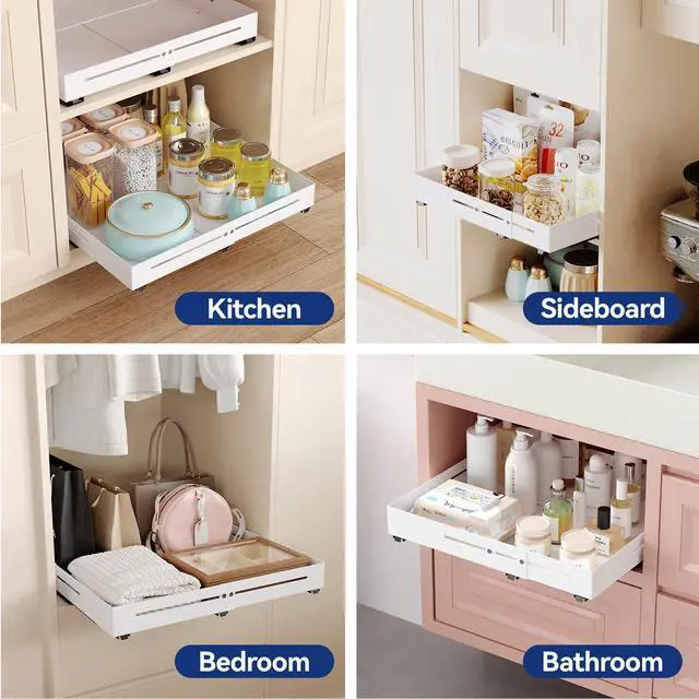 Alt view image 6 of 7 - Pull out Cabinet Organizer, Full Metal Expandable Width (14.8"-20.8") & Depth (12.4"-17.7") Adjustable Slide out Drawers, No Drill Adhesive Roll out Shelves for Kitchen Pantry, White