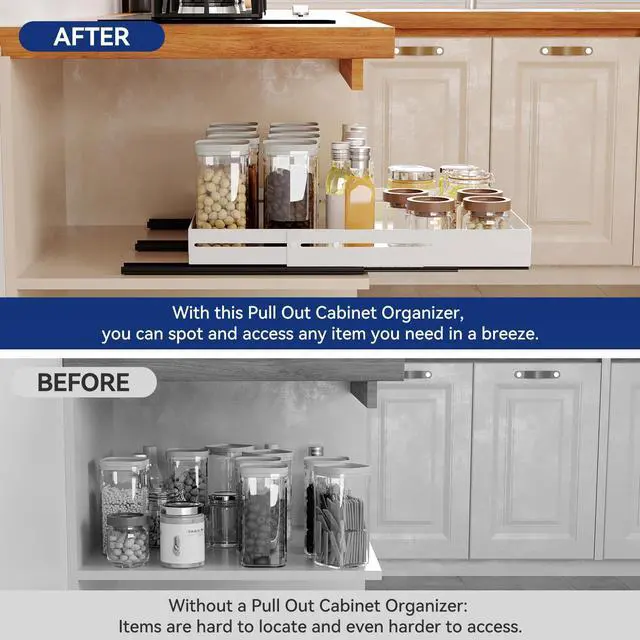 Alt view image 5 of 7 - Pull out Cabinet Organizer, Full Metal Expandable Width (14.8"-20.8") & Depth (12.4"-17.7") Adjustable Slide out Drawers, No Drill Adhesive Roll out Shelves for Kitchen Pantry, White