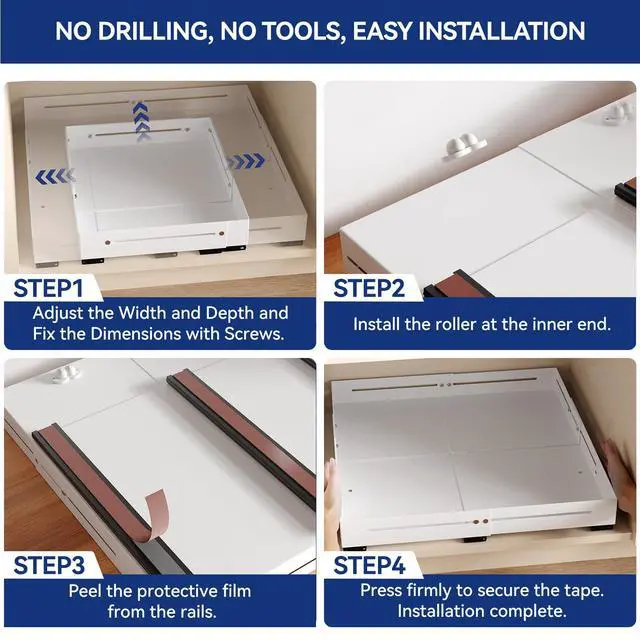 Alt view image 7 of 7 - Pull out Cabinet Organizer, Full Metal Expandable Width (14.8"-20.8") & Depth (12.4"-17.7") Adjustable Slide out Drawers, No Drill Adhesive Roll out Shelves for Kitchen Pantry, White
