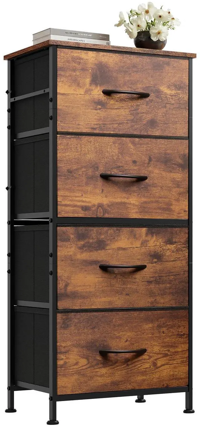 Main image of Dresser with 4 Drawers, Fabric Storage Tower, Organizer Unit for Bedroom, Hallway, Entryway, Closets, Sturdy Steel Frame, Wood Top, Easy Pull Handle, Rustic Brown Wood Grain Print