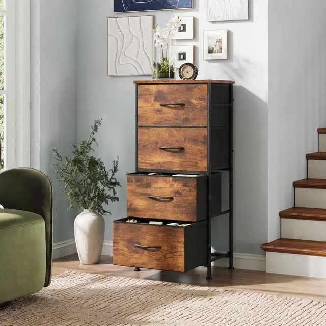 Alt view image 4 of 7 - Dresser with 4 Drawers, Fabric Storage Tower, Organizer Unit for Bedroom, Hallway, Entryway, Closets, Sturdy Steel Frame, Wood Top, Easy Pull Handle, Rustic Brown Wood Grain Print