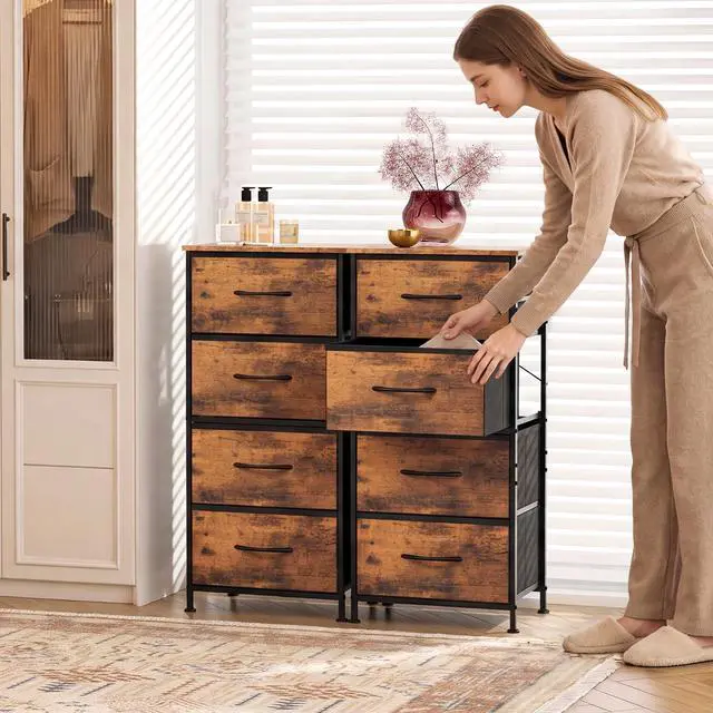 Alt view image 3 of 7 - Dresser with 4 Drawers, Fabric Storage Tower, Organizer Unit for Bedroom, Hallway, Entryway, Closets, Sturdy Steel Frame, Wood Top, Easy Pull Handle, Rustic Brown Wood Grain Print